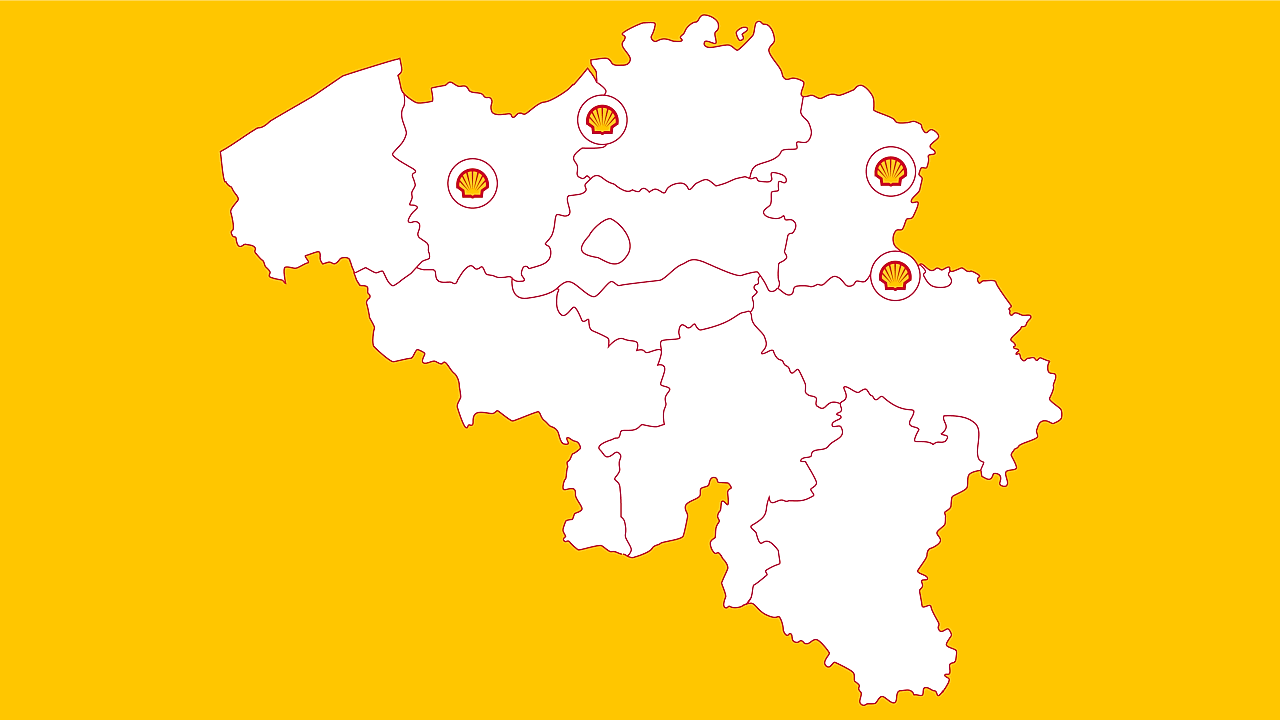 « Carte de la Belgique indiquant les stations Shell livrant du Shell Renewable Diesel. Le nombre de stations changera au fil du temps »
