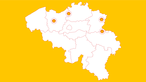 « Carte de la Belgique indiquant les stations Shell livrant du Shell Renewable Diesel. Le nombre de stations changera au fil du temps »