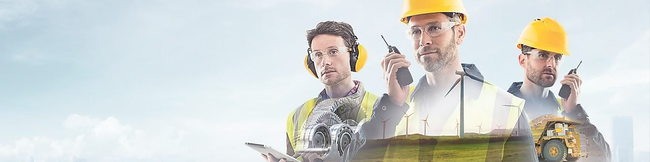  three workers on radios and reading documents, transposed over a background of blue sky with light clouds