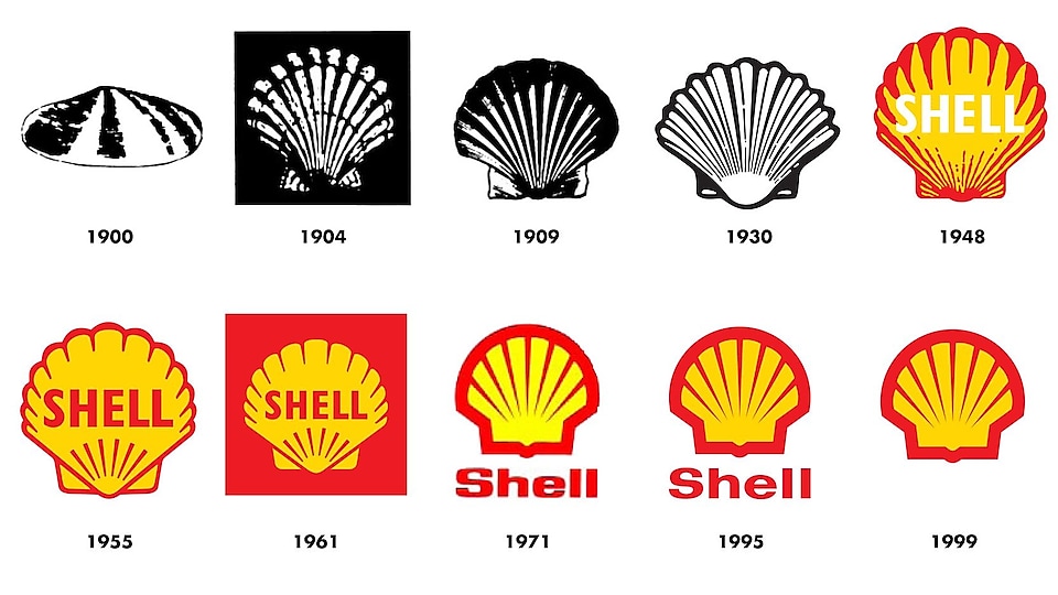 Afbeelding toont hoe de Shell-logo's zijn veranderd van 1900 tot het huidige logo