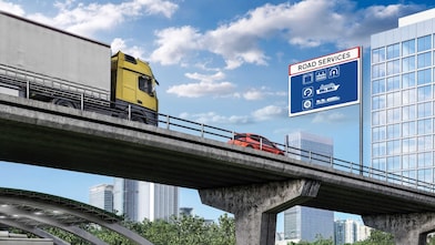 trade banner truck car on bridge road services sign