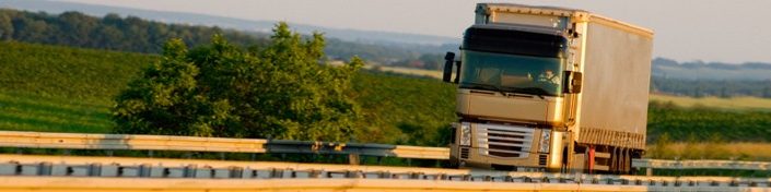 Vrachtwagen rijdend op snelweg, groen landschap als achtergrond